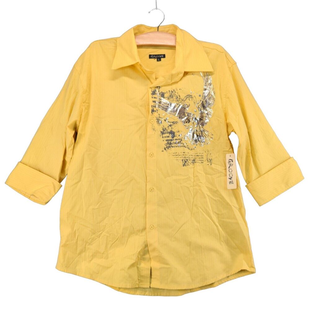 Groove Button Up Shirt Mens Large 3/4 Sleeve Yellow Pinstripe W/Tags